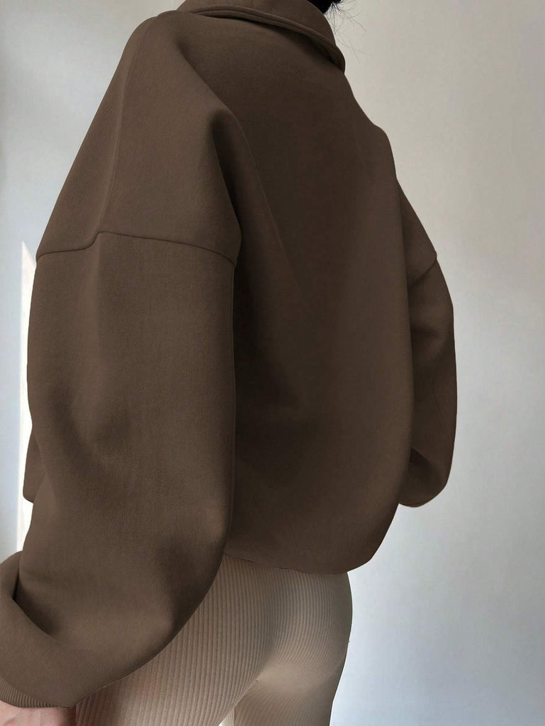 Women Plain Front Zipper Long Sleeve Simple Hoodie