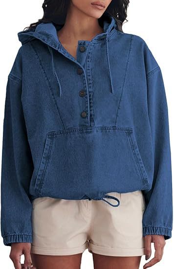 Women's Fashion Denim Hoodie Button Pullover Jacket