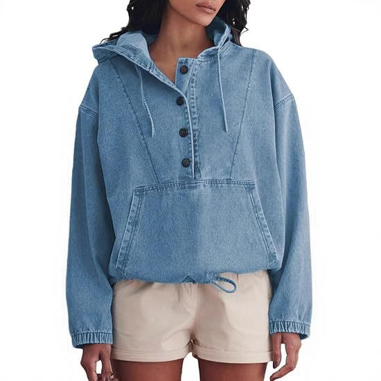 Women's Fashion Denim Hoodie Button Pullover Jacket