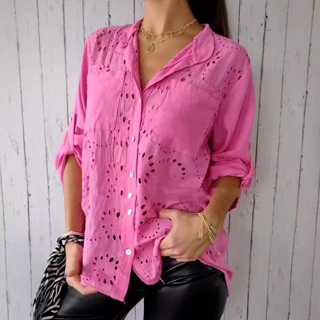 Women's Casual Hollow-out Design Pocket Long Sleeve Button-down Shirt