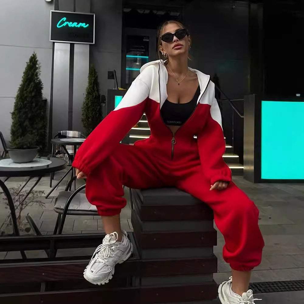 Women's European And American Style Sports Casual Contrast Color Jumpsuit