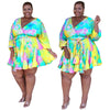Women Long Sleeve Mini Bodycon Dress Print Pleated Sexy Club Party V-Neck Shases Plus Size S-5XL Dress