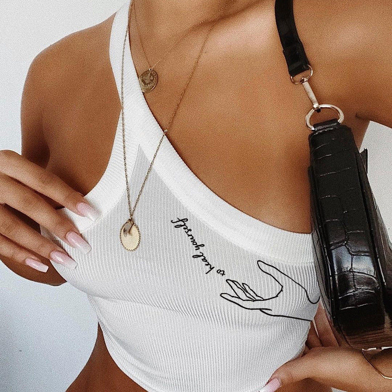 Instahot Design Slant Shoulder Print Vest Women''s European