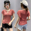 New Fashion Short Sleeve T-Shirt With Hollow And Diamond Mesh And Women"s Flying Sleeve Top