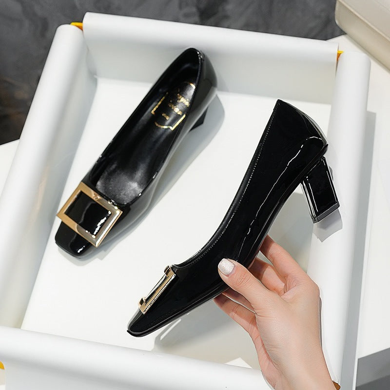 Square Buckle Flats Patent Leather Square Toe Low-cut Shoes