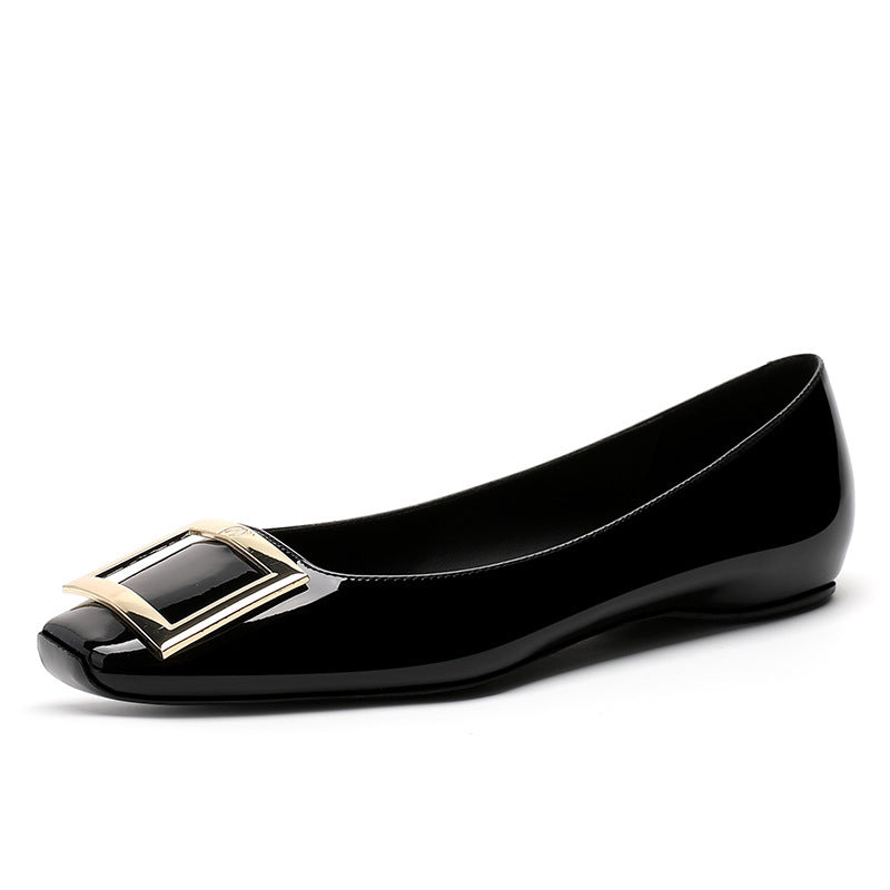 Square Buckle Flats Patent Leather Square Toe Low-cut Shoes