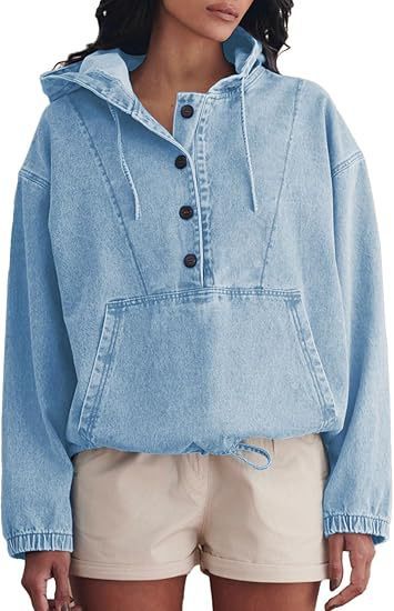 Women's Fashion Denim Hoodie Button Pullover Jacket