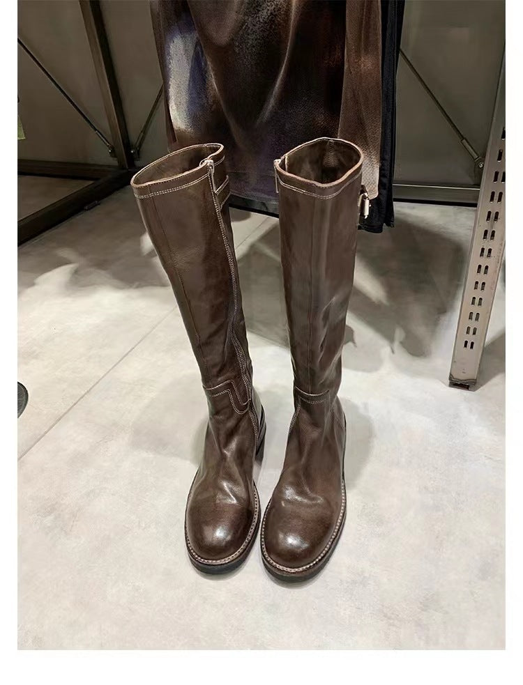 Washed Horse Leather Belt Buckle Thick Bottom Thigh High Boots Women