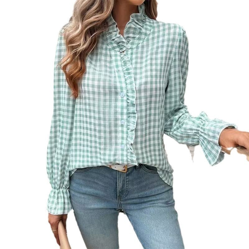 Women's French-style Plaid Shirt With Wooden Ears