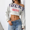 Letter Print Diagonal Collar Short Navel Women's Top