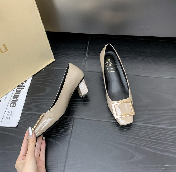 Square Buckle Flats Patent Leather Square Toe Low-cut Shoes
