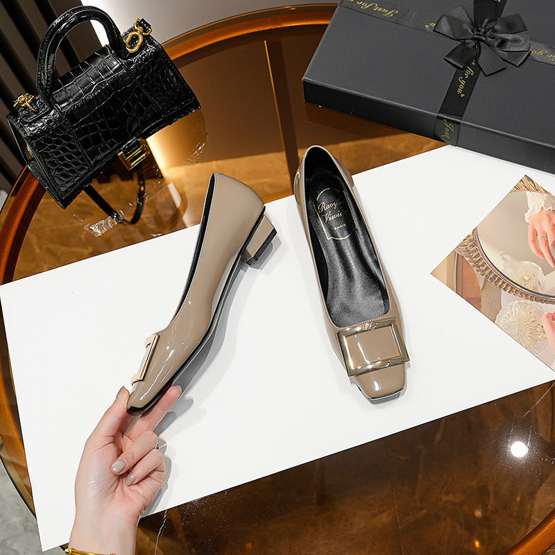 Square Buckle Flats Patent Leather Square Toe Low-cut Shoes