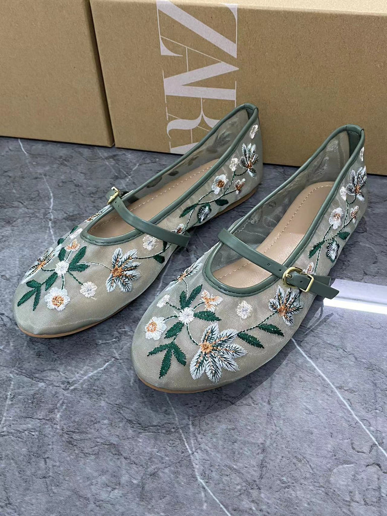 Women's Shoes Green Flower Embroidered Mesh Cloth Ballerina Flats New Guo Feng