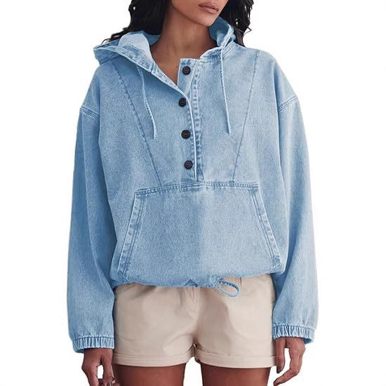 Women's Fashion Denim Hoodie Button Pullover Jacket