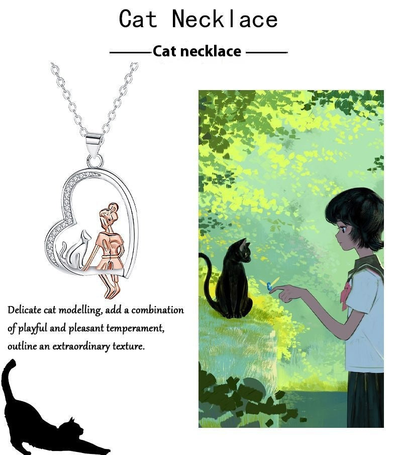 Girl And Cat Animal Design Necklace Female Clavicle Chain