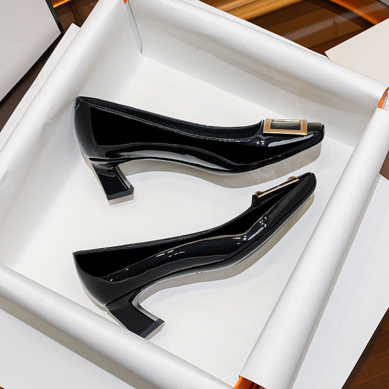 Square Buckle Flats Patent Leather Square Toe Low-cut Shoes