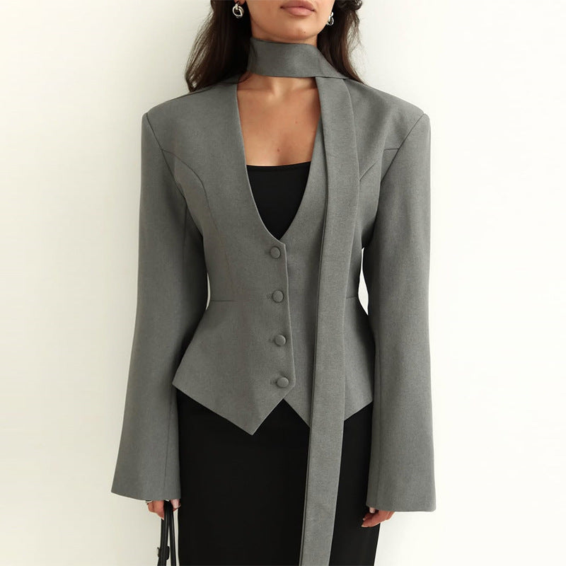 Solid Color And V-neck Scarf Decoration Long Sleeve Suit Coat