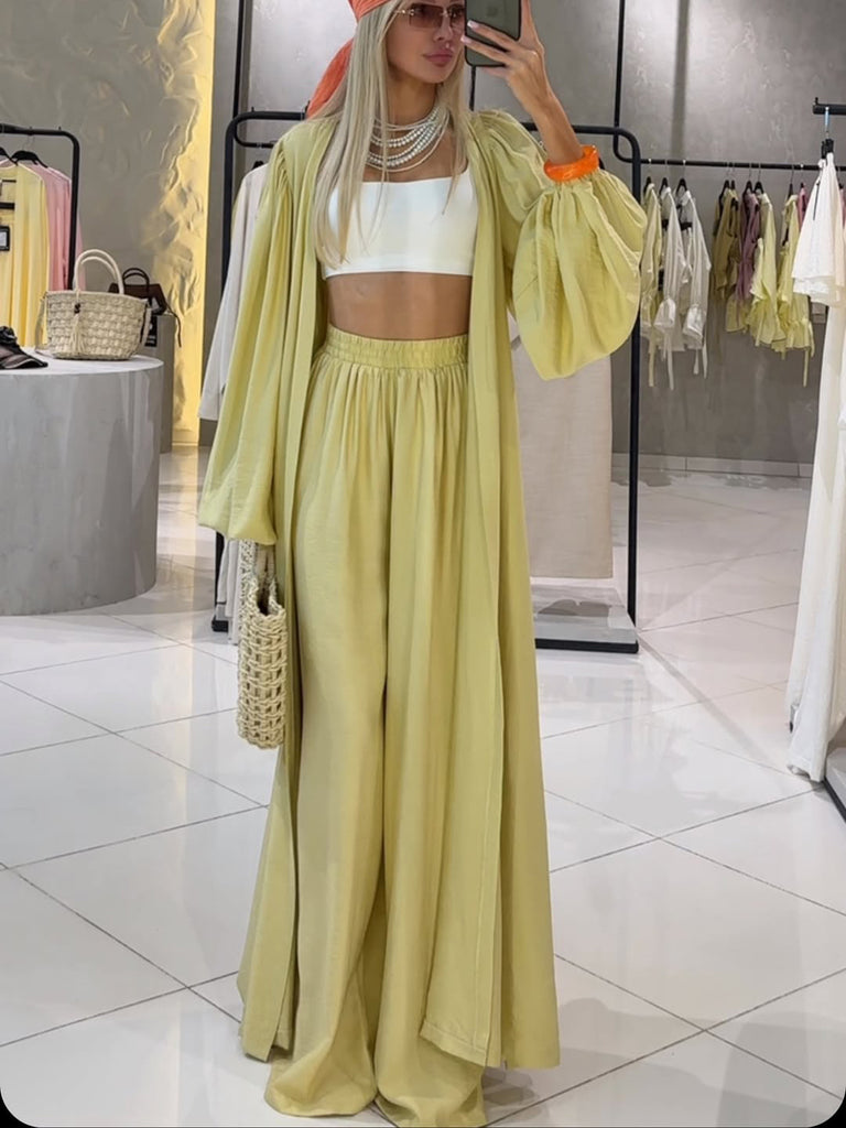 Solid Color Long Sleeve Cardigan & Elastic Waist Pants Set