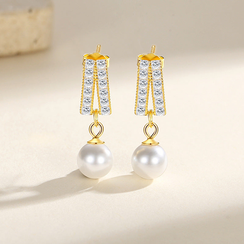 Geometric Pearl Diamond Affordable Luxury Style Niche Pearl Stud Earrings