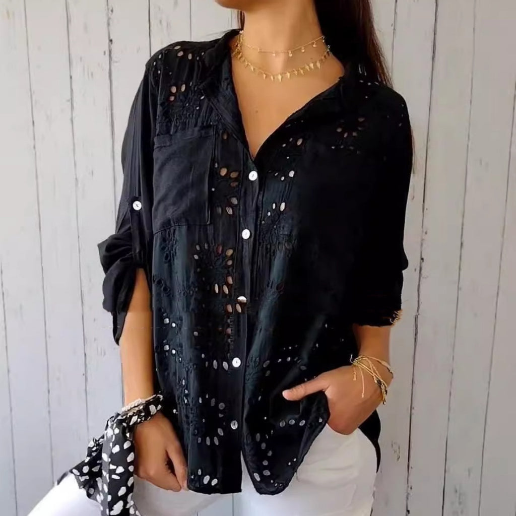 Women's Casual Hollow-out Design Pocket Long Sleeve Button-down Shirt