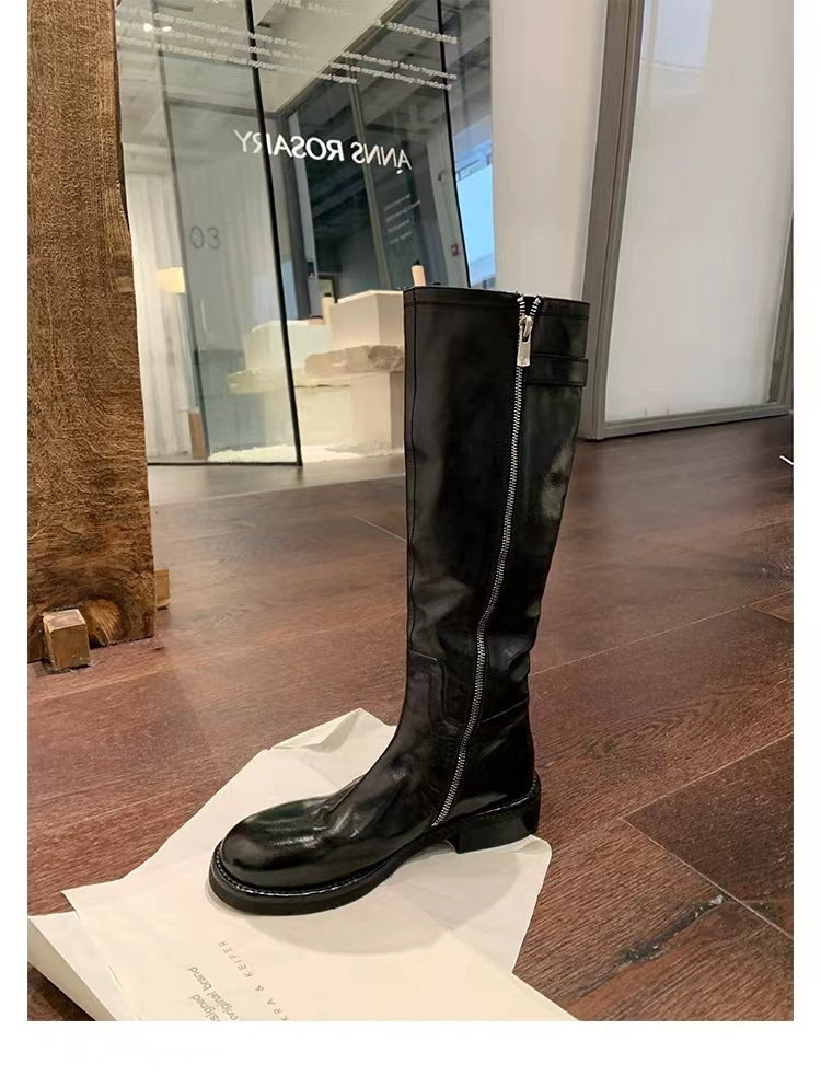 Washed Horse Leather Belt Buckle Thick Bottom Thigh High Boots Women