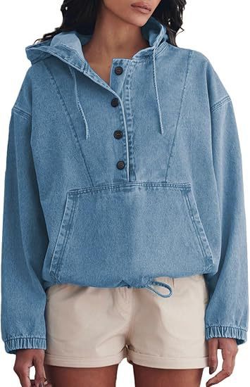 Women's Fashion Denim Hoodie Button Pullover Jacket