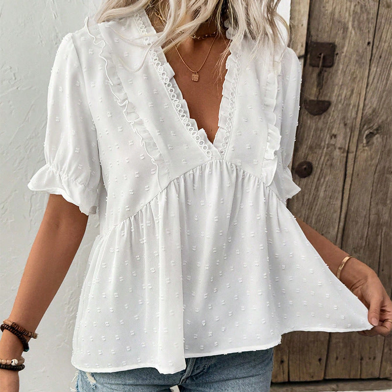 Women's Cut Flower Fur Ball Short-sleeved Lace Shirt
