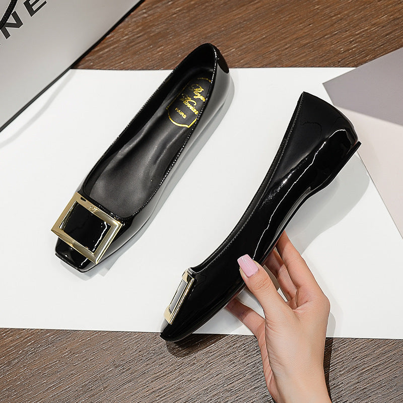 Square Buckle Flats Patent Leather Square Toe Low-cut Shoes