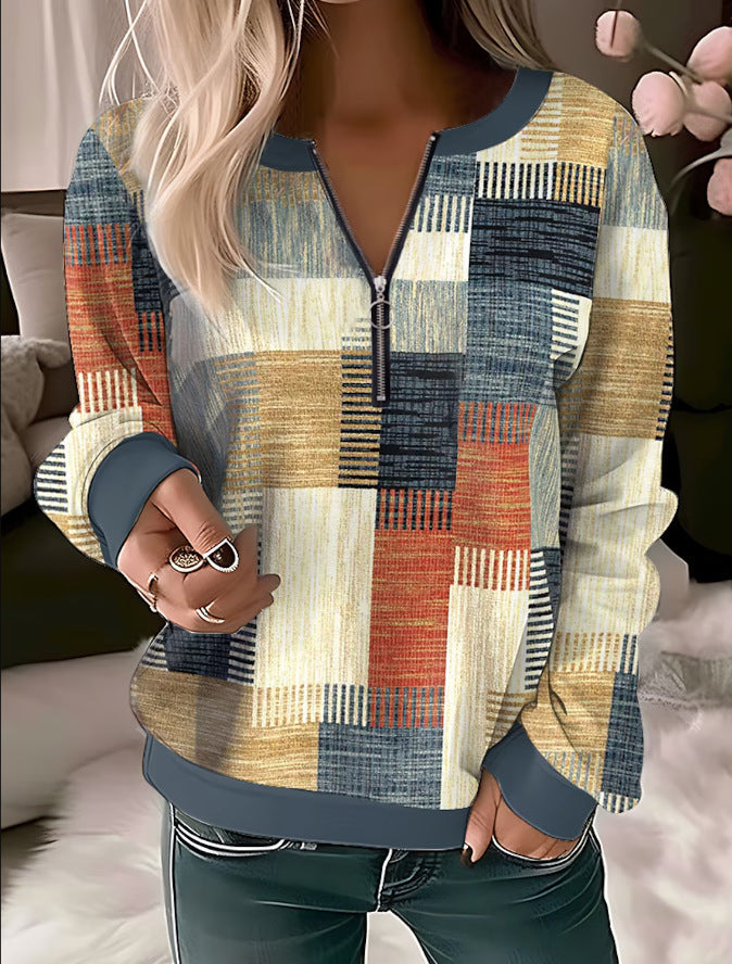 Printed V-neck Loose Zip Knitted Sweater