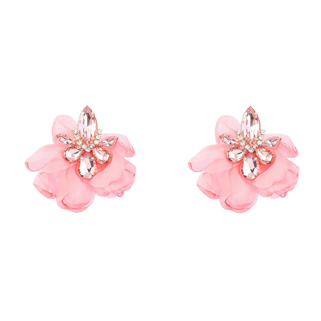 Ins Style Alloy Diamond-embedded Fabric Flower Earrings For Women