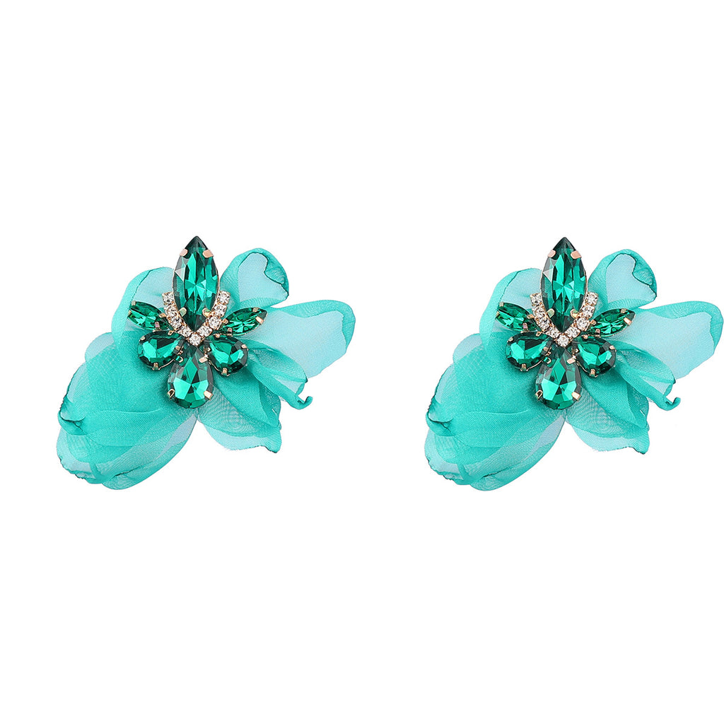 Ins Style Alloy Diamond-embedded Fabric Flower Earrings For Women