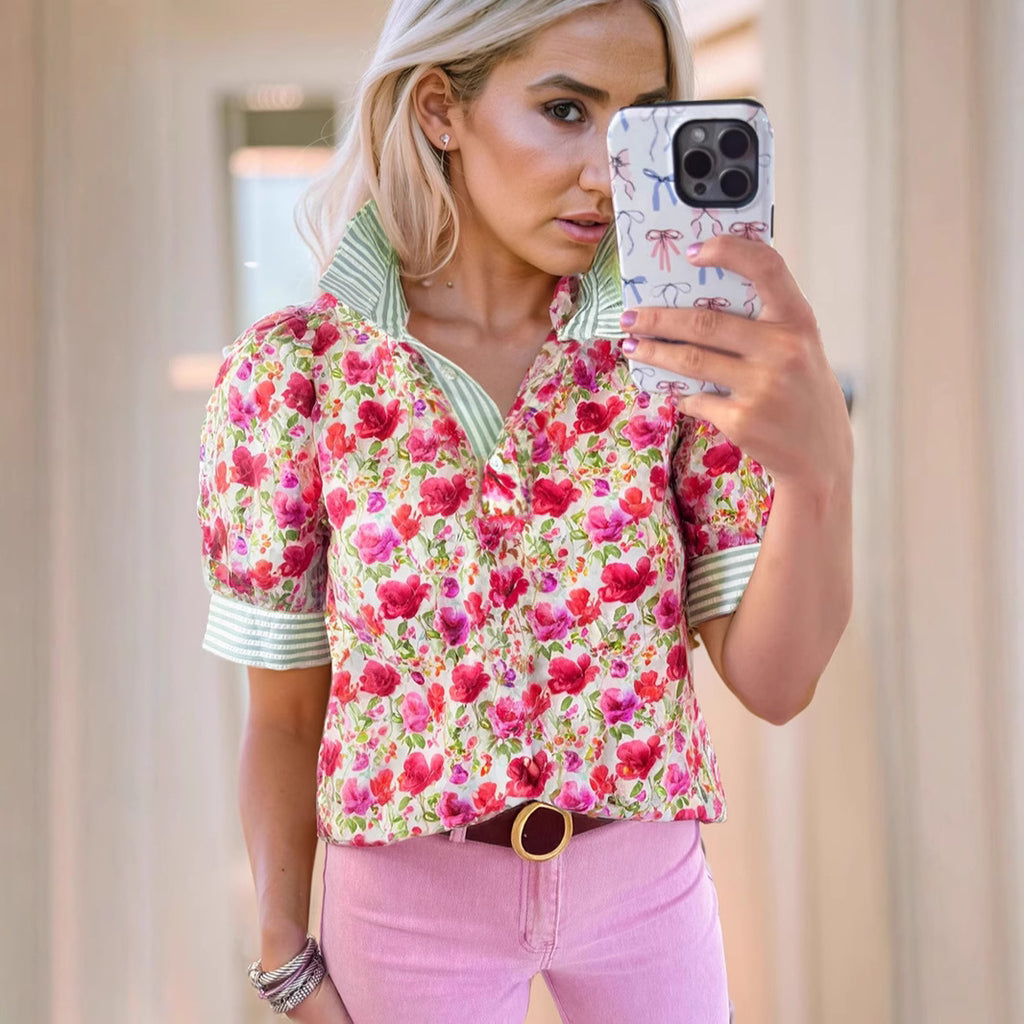 Printed Casual Loose Breathable Short Sleeve Shirt SpringSummer New V-neck