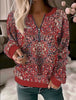 Printed V-neck Loose Zip Knitted Sweater