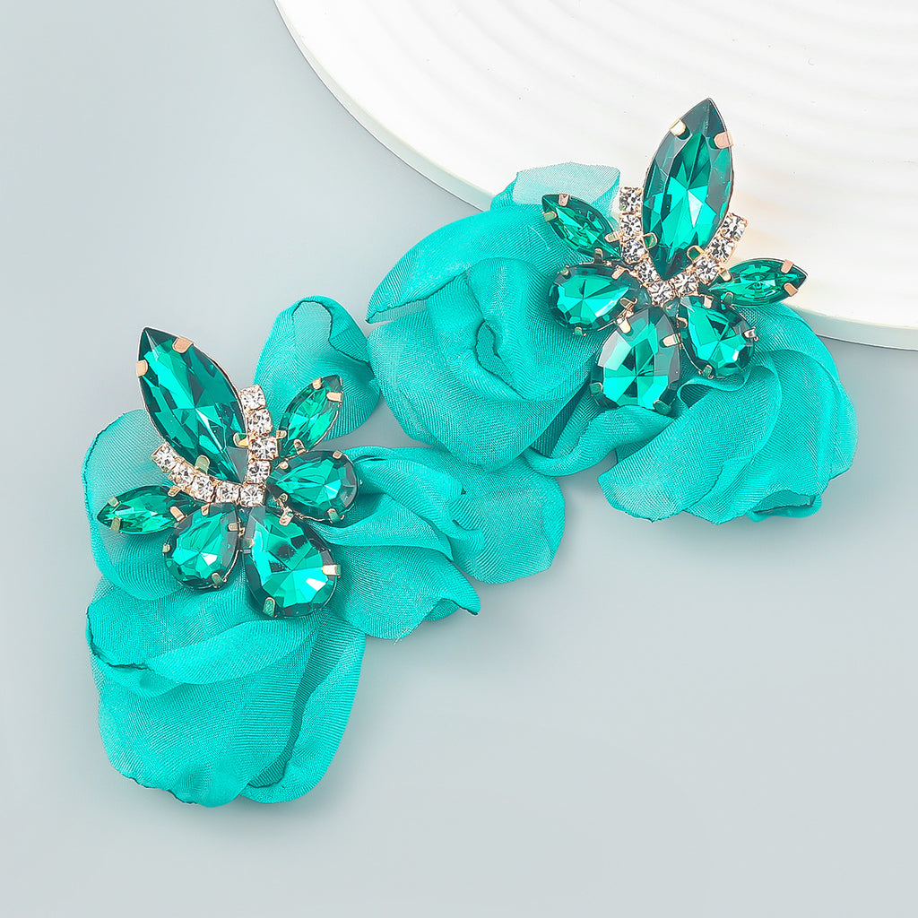 Ins Style Alloy Diamond-embedded Fabric Flower Earrings For Women
