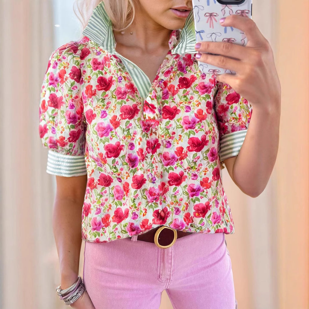 Printed Casual Loose Breathable Short Sleeve Shirt SpringSummer New V-neck