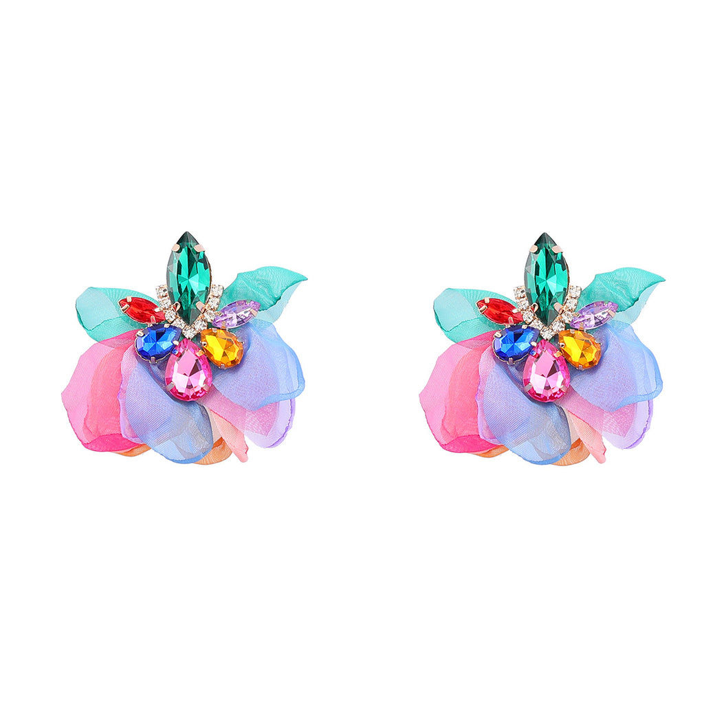 Ins Style Alloy Diamond-embedded Fabric Flower Earrings For Women