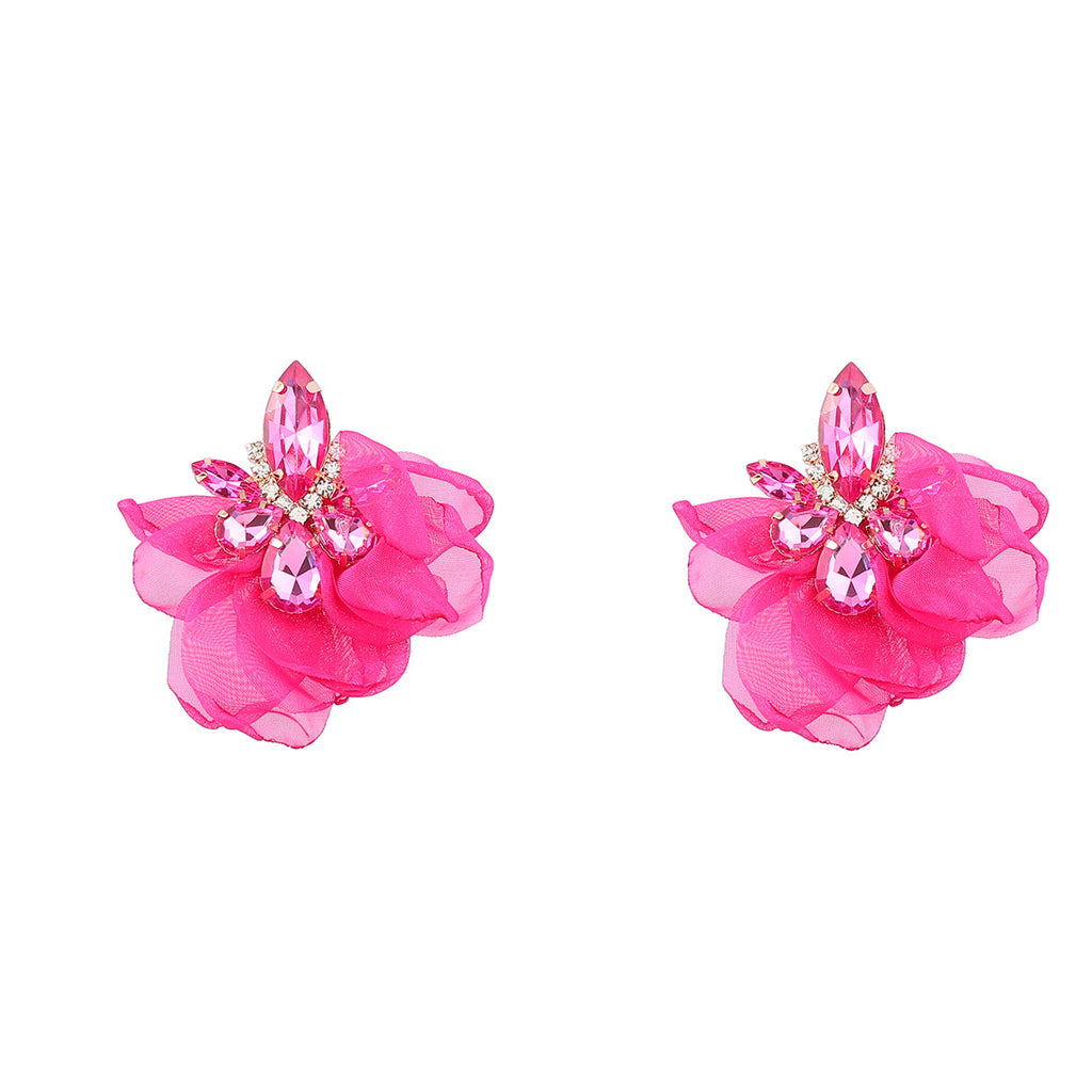 Ins Style Alloy Diamond-embedded Fabric Flower Earrings For Women