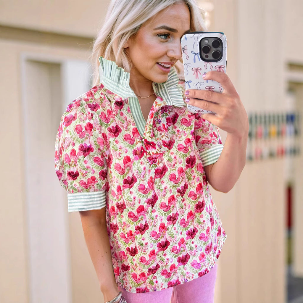 Printed Casual Loose Breathable Short Sleeve Shirt SpringSummer New V-neck