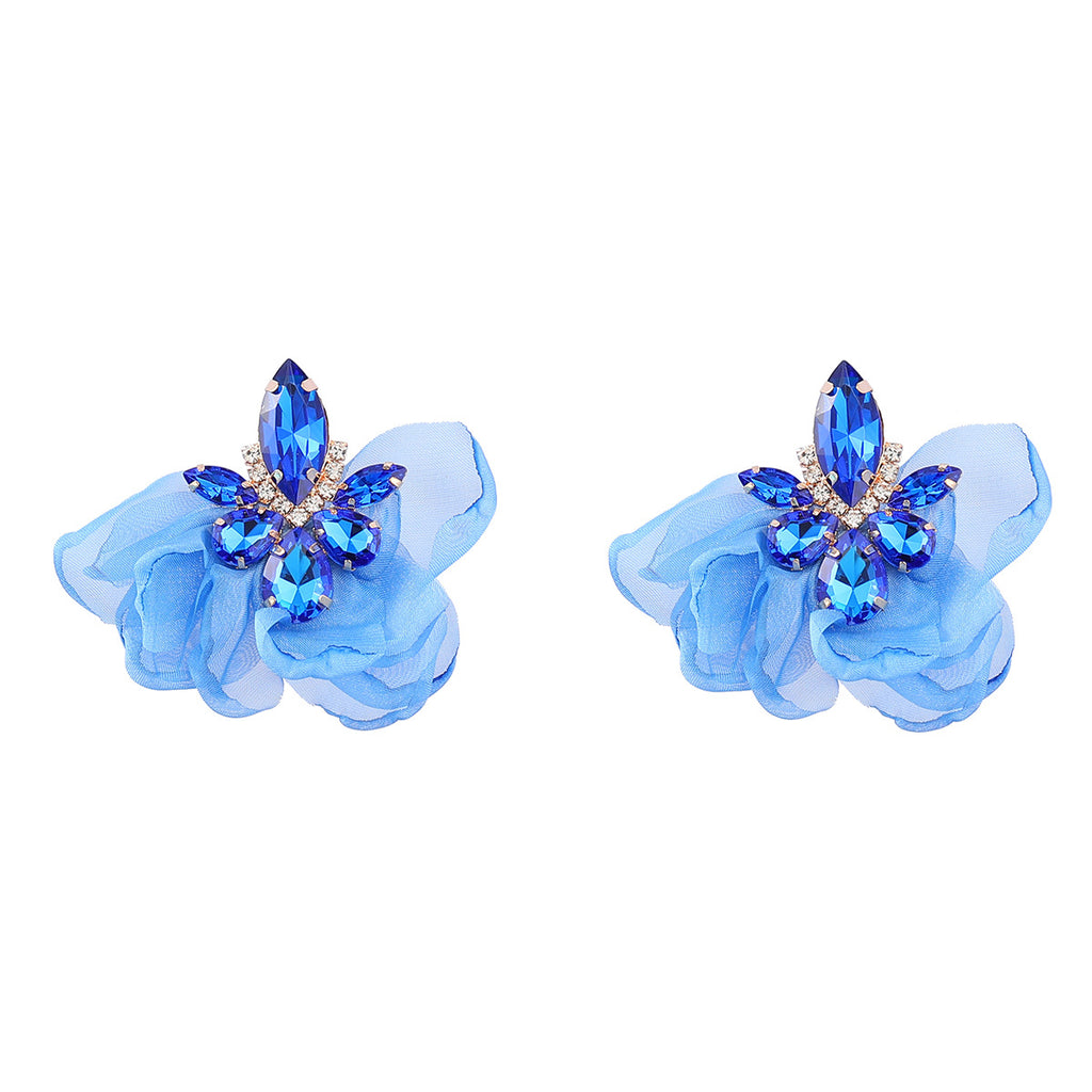 Ins Style Alloy Diamond-embedded Fabric Flower Earrings For Women