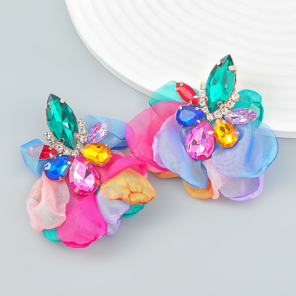 Ins Style Alloy Diamond-embedded Fabric Flower Earrings For Women