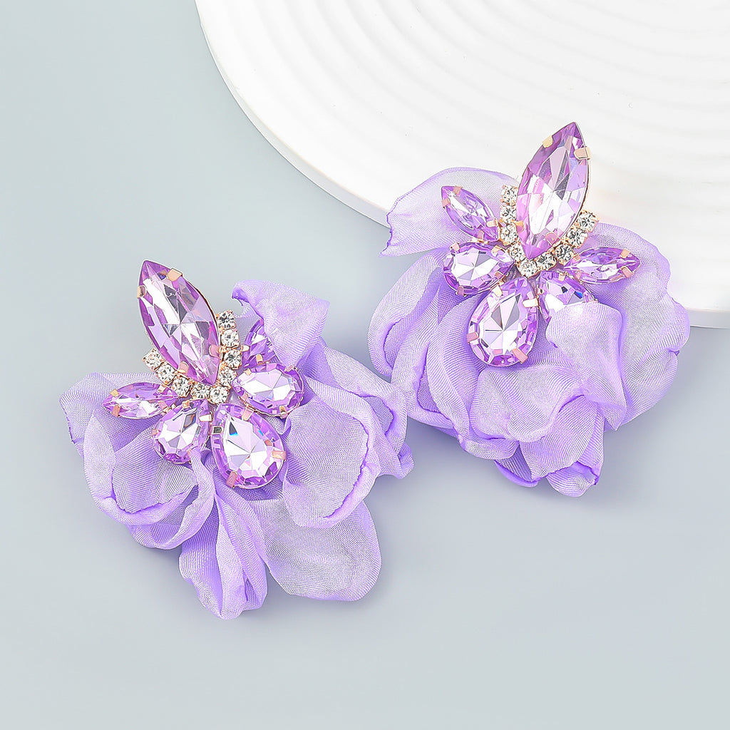 Ins Style Alloy Diamond-embedded Fabric Flower Earrings For Women