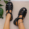 Korean Style Round Toe Ankle-strap Buckle Closed Toe Flat Hollowed