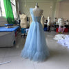 Blue One-shoulder Feather Wedding Dress
