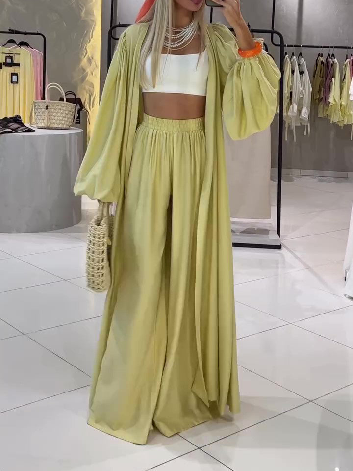 Solid Color Long Sleeve Cardigan & Elastic Waist Pants Set