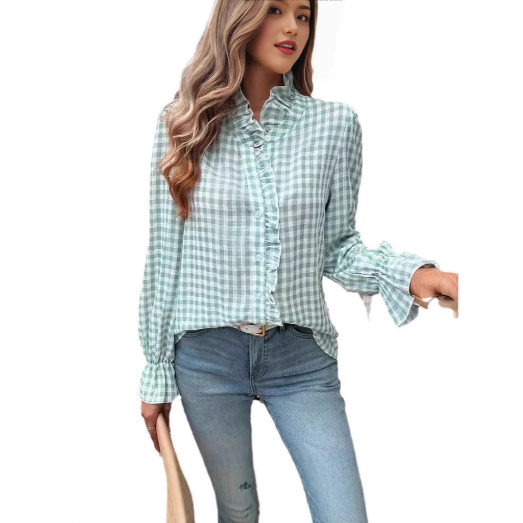 Women's French-style Plaid Shirt With Wooden Ears