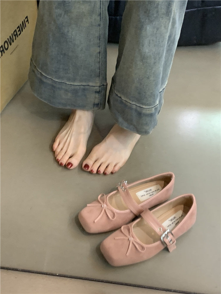 Flat Bow Ballet Silver Belt Buckle Shoes