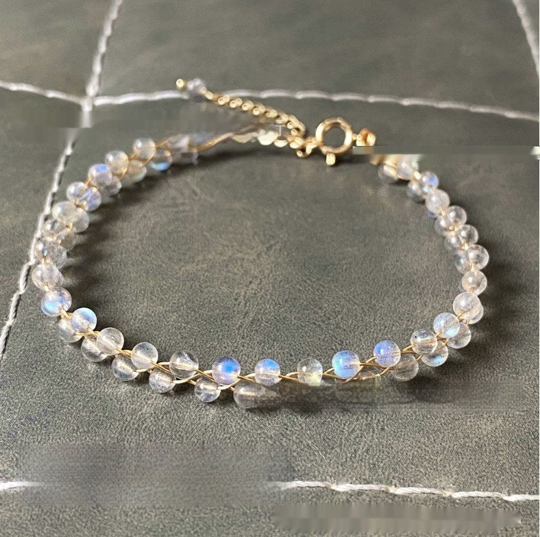 14K Gilded Natural Double Layer Blue Light Labradorite Moonstone Bracelet