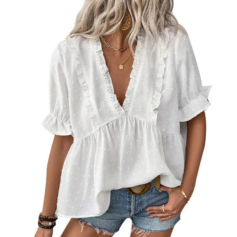 Women's Cut Flower Fur Ball Short-sleeved Lace Shirt