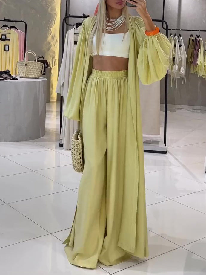 Solid Color Long Sleeve Cardigan & Elastic Waist Pants Set