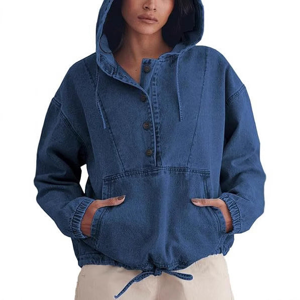 Women's Fashion Denim Hoodie Button Pullover Jacket